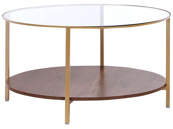 Tavolino dorato Legno Scuro Vetro Temperato Ferro Truciolare ø 80 cm con Ripiano Rotondo Glam Salotto Moderno Beliani