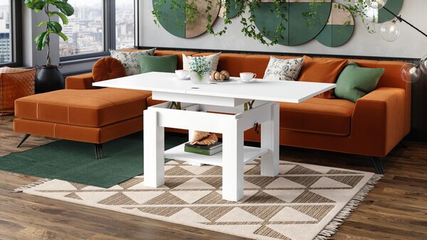 Tavolino di design Cleo, regolabile in altezza in continuo da 57 a 69 cm, trasformabile in tavolo da pranzo da 75 a 150 cm