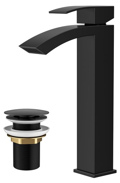 Miscelatore monocomando nero per lavabo, con sistema di scarico a pressione e altezza del beccuccio di 225 mm