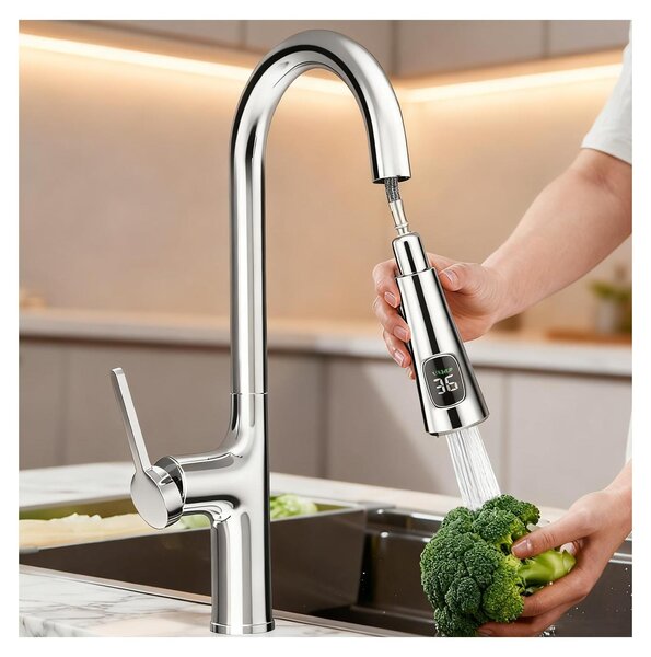 Rubinetto per cucina con display LED che indica la temperatura dell'acqua, estraibile