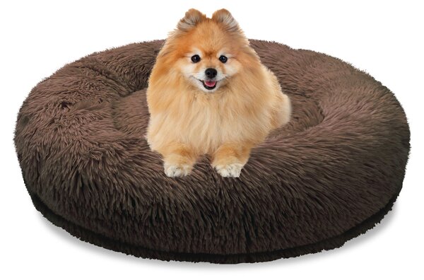 BLUZELLE, cuccia ortopedica per cani, adatta a cani di piccola taglia e gatti, 60 cm. Cuscino a forma di ciambella, lavabile, in memory foam, rivestita in peluche, colore: marrone