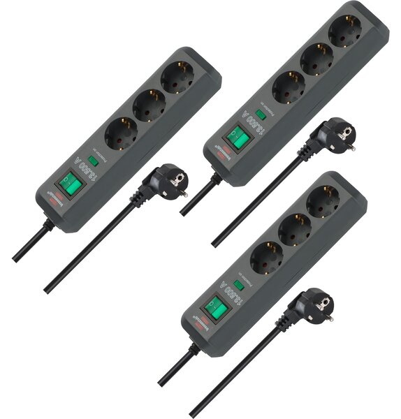 Set da 3 prese Brennenstuhl Eco-Line, multipresa a 3 vie con protezione da sovratensione (multipresa con protezione aumentata contro il contatto, interruttore e cavo da 1,5 metri), colore antracite