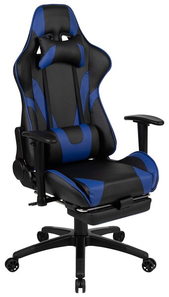 Sedia da gaming regolabile - Rivestita in ecopelle blu - Design ergonomico per un comfort ottimale - Con poggiapiedi