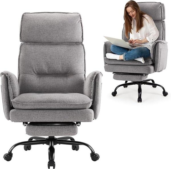 Sedia da ufficio ergonomica, portata 227 kg, poltrona da ufficio XXL in tessuto con poggiapiedi, sedia da scrivania con poggiatesta regolabile in altezza, funzione di inclinazione a 135°, sedia girevole per l'ufficio domestico e il gaming (grigia)