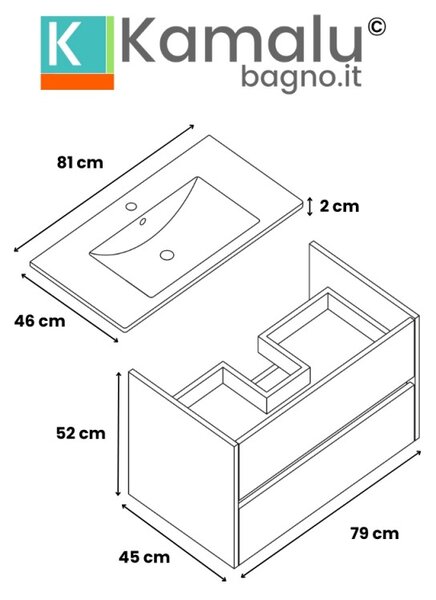 Mobile bagno sospeso 80 cm bicolore rovere naturale e bianco | LAC-AMFI-80 - KAMALU