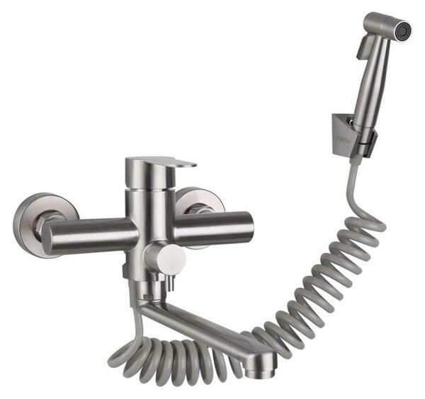 Miscelatore monocomando con doccetta, realizzato in acciaio inossidabile, per acqua calda e fredda, con bocca girevole