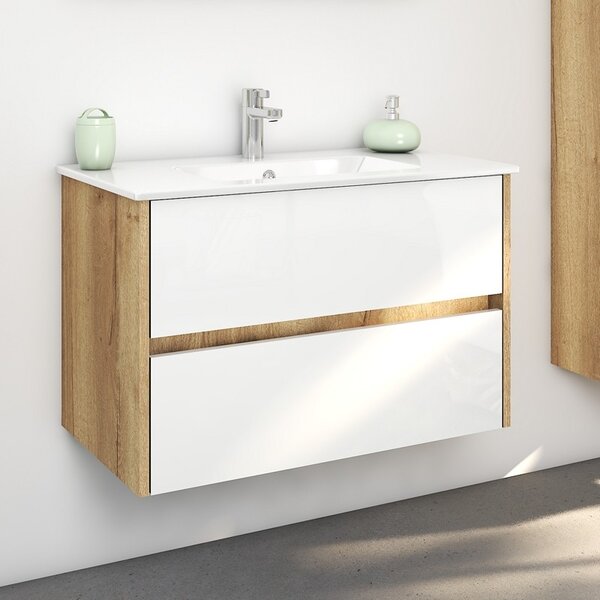 Kamalu mobile bagno sospeso 80 cm bicolore rovere naturale e bianco | lac-amfi-80