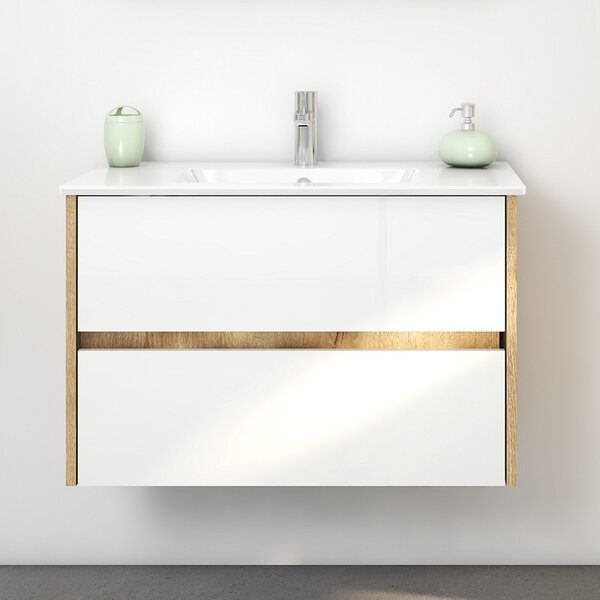 Mobile bagno sospeso 80 cm bicolore rovere naturale e bianco | LAC-AMFI-80 - KAMALU