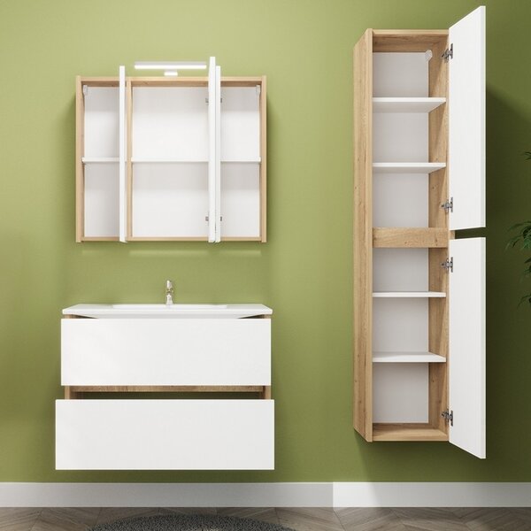 Mobile bagno sospeso 80 cm bicolore rovere naturale e bianco | LAC-AMFI-80 - KAMALU