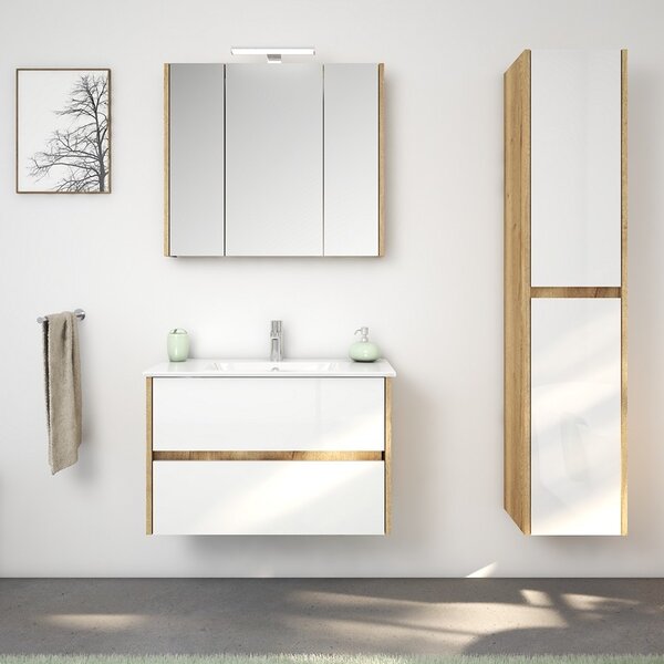 Mobile bagno sospeso 80 cm bicolore rovere naturale e bianco | LAC-AMFI-80 - KAMALU