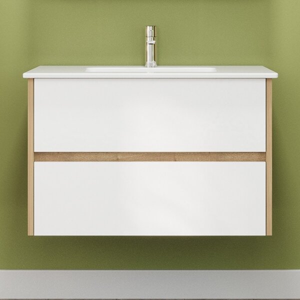 Mobile bagno sospeso 80 cm bicolore rovere naturale e bianco | LAC-AMFI-80 - KAMALU