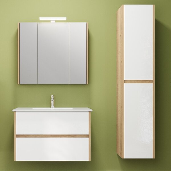 Mobile bagno sospeso 80 cm bicolore rovere naturale e bianco | LAC-AMFI-80 - KAMALU
