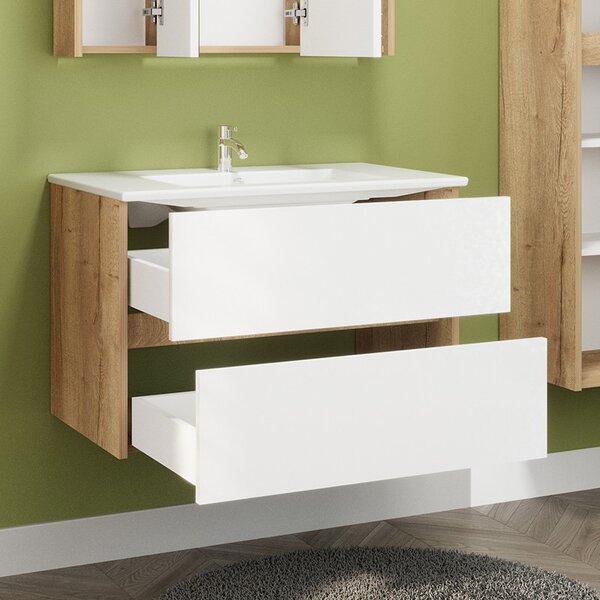Mobile bagno sospeso 80 cm bicolore rovere naturale e bianco | LAC-AMFI-80 - KAMALU