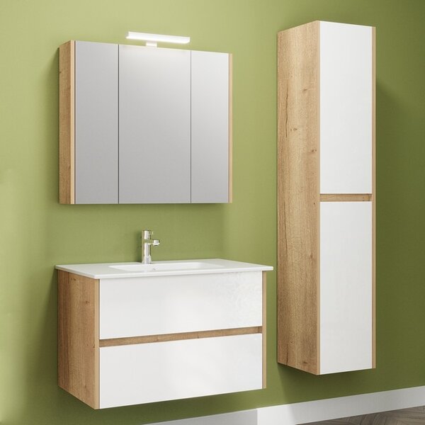 Mobile bagno sospeso 80 cm bicolore rovere naturale e bianco | LAC-AMFI-80 - KAMALU