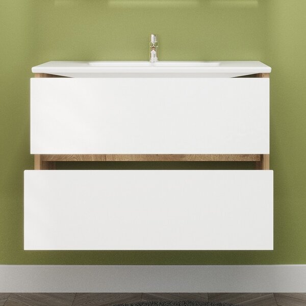 Mobile bagno sospeso 80 cm bicolore rovere naturale e bianco | LAC-AMFI-80 - KAMALU