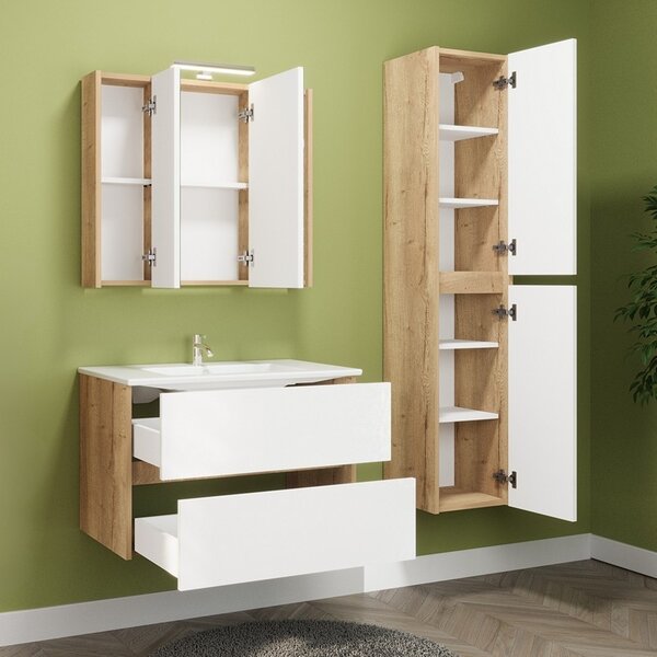 Mobile bagno sospeso 80 cm bicolore rovere naturale e bianco | LAC-AMFI-80 - KAMALU