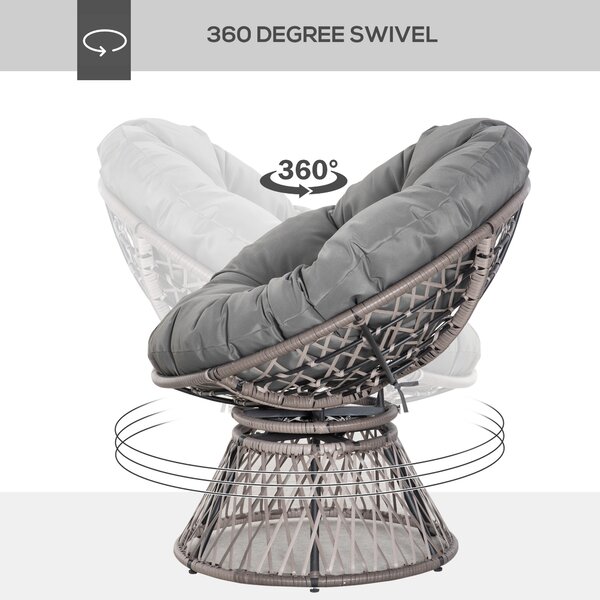 Outsunny Poltrona Sedia Papasan Girevole a 360° con Cuscino Giardino Rattan 87 × 97 × 90cm Nero