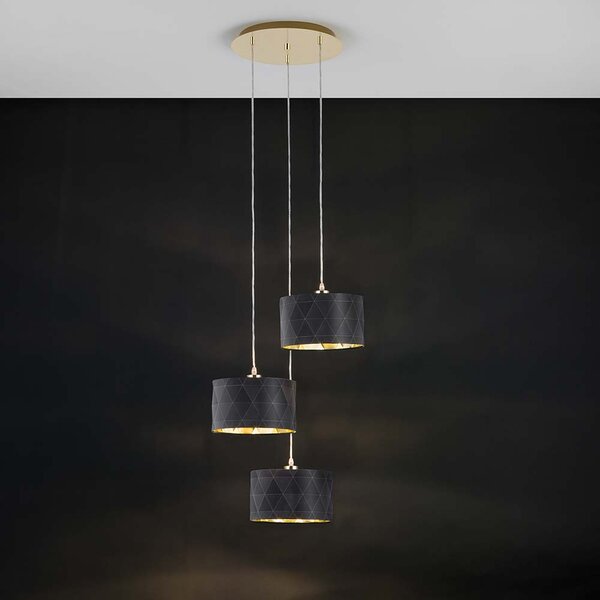 Lampada a sospensione tessile Dolorita a 3 luci in ottone, nero, oro
