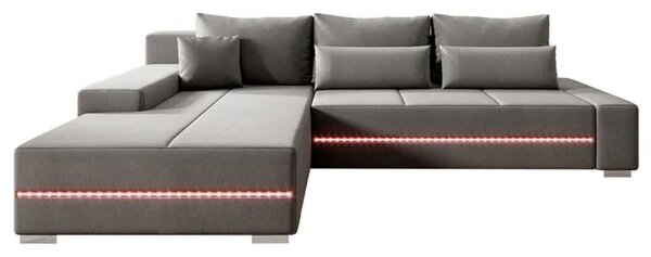 Divano Juskys Davos a sinistra con funzione sleep, box letto, rivestimento in velluto e LED - Grigio chiaro