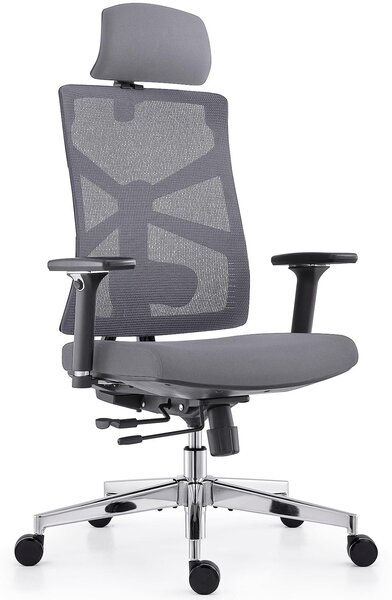Sedia da ufficio ergonomica, nera e grigia - Braccioli regolabili in 4 direzioni - Profondità della seduta regolabile - Materiale simile al velluto