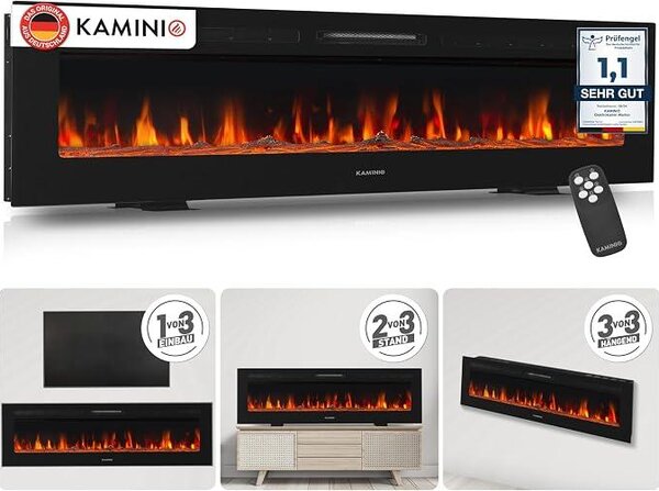 Camino elettrico Marlon PRO 70 con riscaldamento [da pavimento, da incasso e a parete] | 3-in-1, camino elettrico con effetto fiamma LED in 12 colori, timer, termostato e telecomando, completo di accessori, colore nero