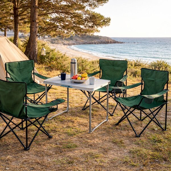 Set di mobili da campeggio 5 pezzi Tavolo verde XL 80x60x68 cm + sedie da campeggio
