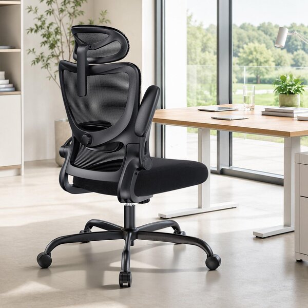 Sedia da ufficio ergonomica, colore nero, con braccioli regolabili in 3D e realizzata in materiale a rete