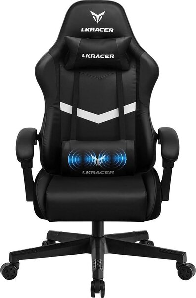 Sedia da gaming, sedia da ufficio, poltrona da gaming con massaggio, sedia ergonomica per gamer, con poggiatesta e cuscino lombare massaggiante, sedia da gaming imbottita, sedia girevole, portata massima 150 kg, colore nero