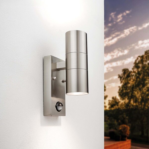 Lampada a parete LED Ledvion con sensore, attacco GU10, luce direzionale verso l'alto e verso il basso, grado di protezione IP44, colore grigio, realizzata in acciaio inossidabile