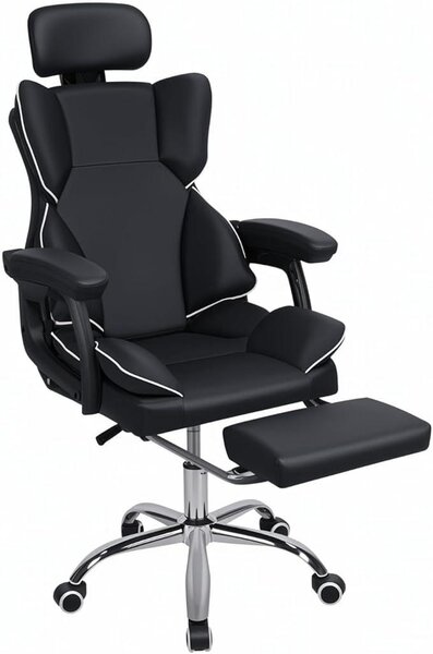 Poltrona da ufficio di grandi dimensioni e alta, sedia ergonomica per computer e gaming con poggiapiedi, poggiatesta e supporto lombare, portata massima 180 kg, sedia da lavoro in ecopelle con schienale alto e regolabile