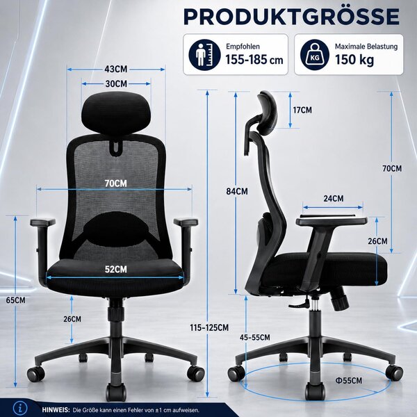 Sedia da ufficio ergonomica con braccioli regolabili in 4 dimensioni, capacità di carico di 150 kg, taglia XL