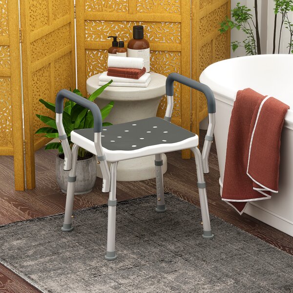 HOMCOM Sgabello per Doccia Regolabile su 6 livelli con Braccioli e Fori di Drenaggio in Alluminio per bagno, 52x45x57-69cm, Grigio | Aosom Italy