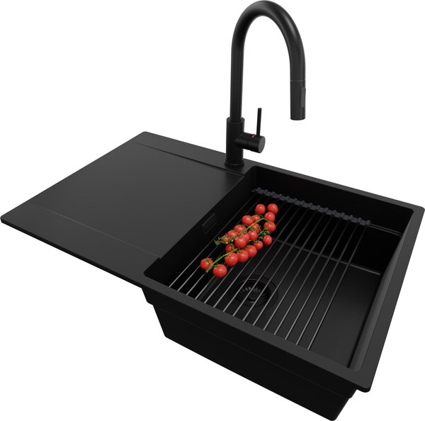 Lavello in granito PRIMAGRAN, modello "Alles Schwarz" 78x50 cm, lavello a vasca singola + set di scarico + set di accessori da cucina, lavello da cucina per mobili base da 50 cm - San Francisco