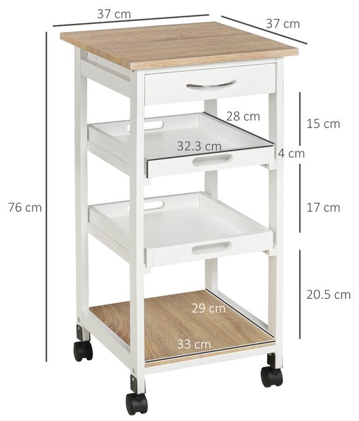 HOMCOM Carrello da cucina con ruote e 2 ripiani rimovibili, multi-rangementi cassetto con scaffale quercia di pino, 37x37x76 cm, bianco | Aosom Italy