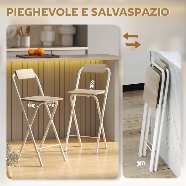 HOMCOM Set 2 Sgabelli da Bar Pieghevoli con Poggiapiedi, in Legno e Acciaio, 37x45x87 cm, Legno | Aosom Italy
