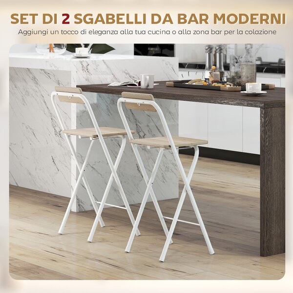 HOMCOM Set 2 Sgabelli da Bar Pieghevoli con Poggiapiedi, in Legno e Acciaio, 37x45x87 cm, Legno | Aosom Italy