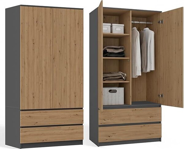Armadio 90 cm di larghezza, armadio per bambini, armadio a due ante, 2 cassetti, 3 ripiani, un'asta appendiabiti, per la camera da letto, realizzato in pannello laminato da 16 mm, armadio multifunzione, finitura noce artigianale / antracite