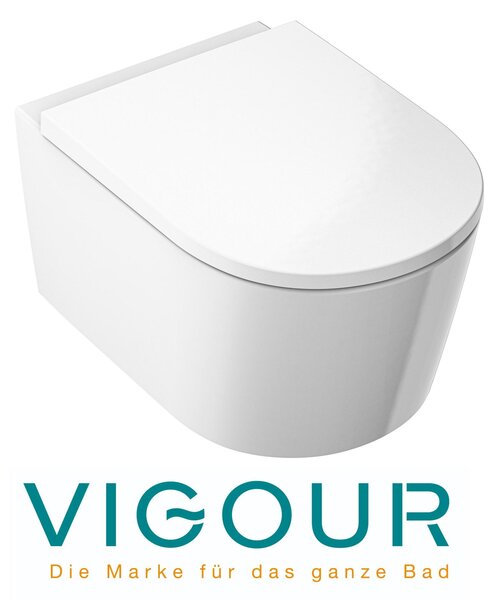 VIGOUR WHITE WC a parete PowerFlush senza bordo con sedile WC SoftClose TakeOff, bianco