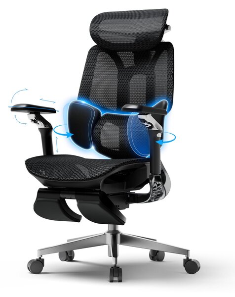 Sedia da ufficio ergonomica, colore nero, con poggiapiedi, realizzata in materiale a rete, con struttura in alluminio, ideale per l'ufficio, sedia da lavoro confortevole