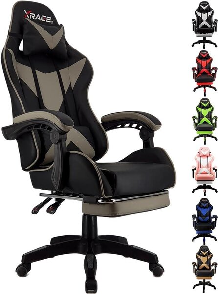 Sedia da gaming, sedia da ufficio, sedia ergonomica per PC, poltrona da gaming in pelle con supporto lombare, girevole e regolabile, sedie da ufficio con poggiapiedi e poggiatesta, grigia