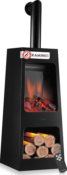 Camino da giardino elettrico Kai con canna fumaria - Stufa da esterno elettrica con sistema di riscaldamento, effetto fiamma 3D, vano per legna, illuminazione LED ambientale, telecomando (modello grande)