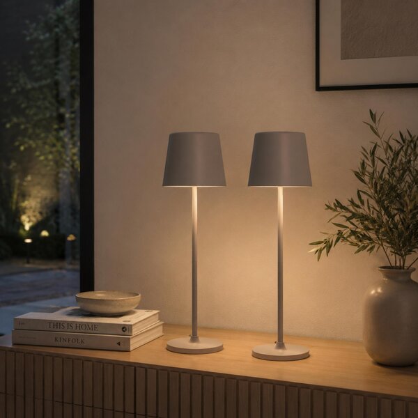 Set di 2, lampada da tavolo a LED per esterni, 37 cm, 310lm, touch dimmer, USB, grigio