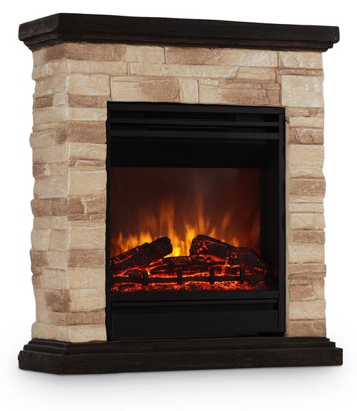 Camino elettrico Klarstein Kaprun - Camino elettrico da 1800 W con effetto fiamma, decoro in pietra, in polystone, telecomando incluso, nero-marrone