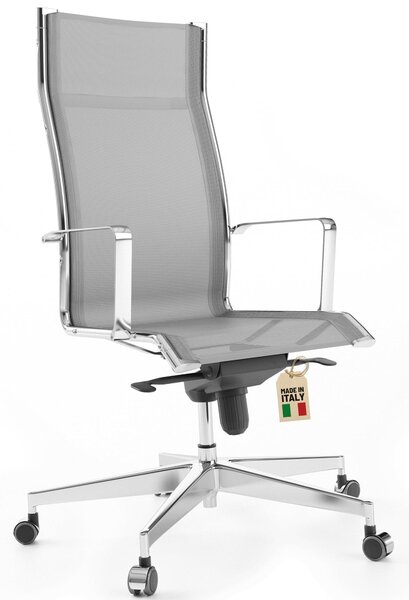 Sedia da ufficio ergonomica, cromata/grigia - Schienale alto - Materiale a rete - Giratoria