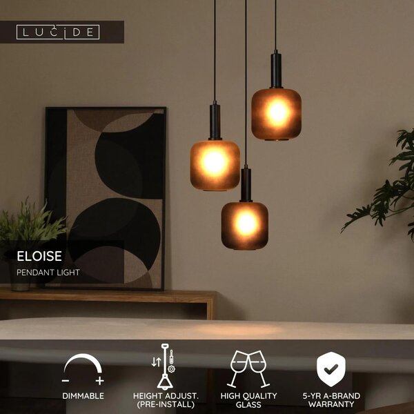 Lampada a sospensione moderna con paralume in vetro nero ELOISE 3xE27 40W Lucide