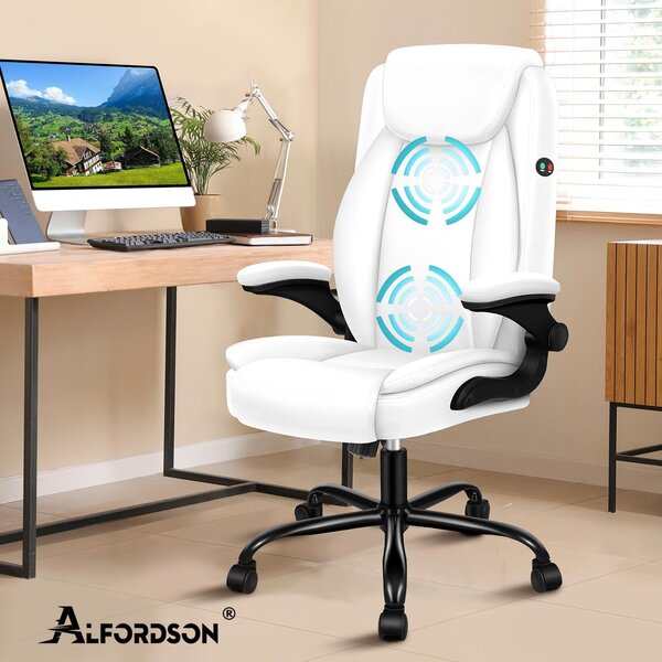 Sedia da ufficio in ecopelle bianca, con braccioli pieghevoli, design ergonomico per un comfort ottimale, capacità di carico fino a 150 kg, ideale per l'ufficio e il lavoro da casa