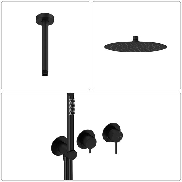 SANYCCES LOOP Miscelatore monocomando da incasso con deviatore, doccetta e flessibile + braccio doccia e soffione Rain con braccio a soffitto, nero opaco