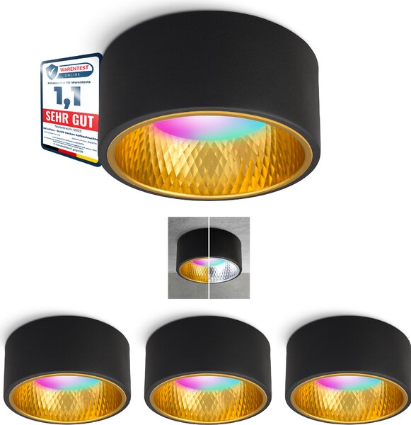 SSC-LUXon OLINO luce da superficie oro nero 4 pezzi compatibile con Alexa, Siri e Google - Faretto piatto incl. Smart LED RGBW GX53