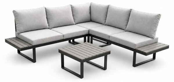 Set da giardino greemotion Pisa Lounge in metallo grigio/nero, cuscini e tavolo inclusi
