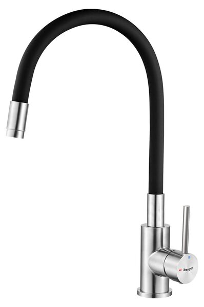 Rubinetto da cucina con rotazione a 360°, tubo flessibile in silicone nero, acciaio inossidabile